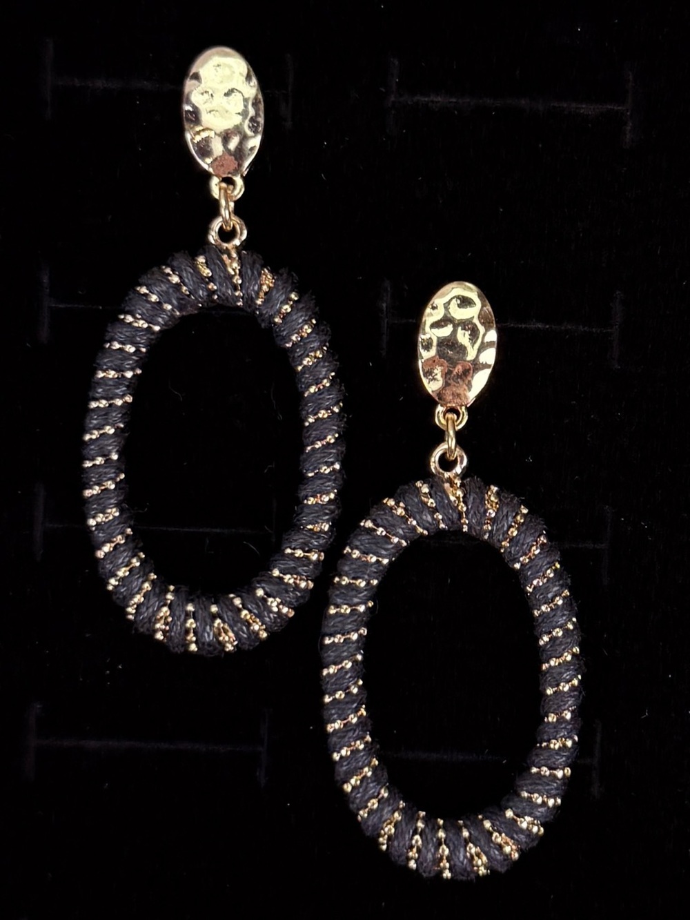 Goldtone Black Rope Oval Drop Pierced Earrings
